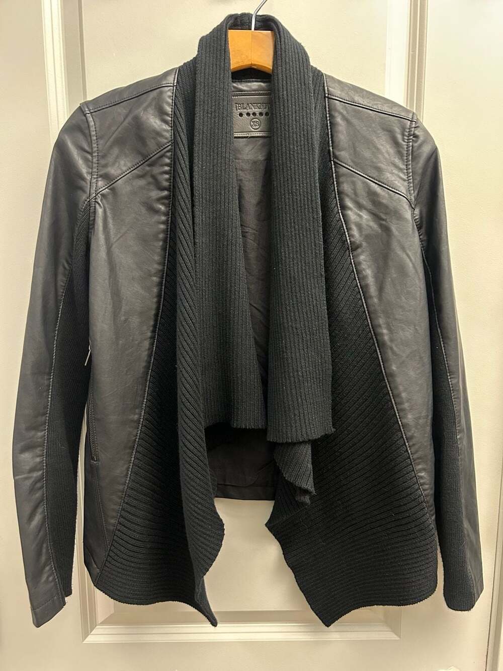 BlankNYC Faux Leather and Ribbed Knit Shawl Collar Moto Jacket
